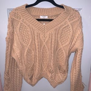 Cropped khaki distressed sweater